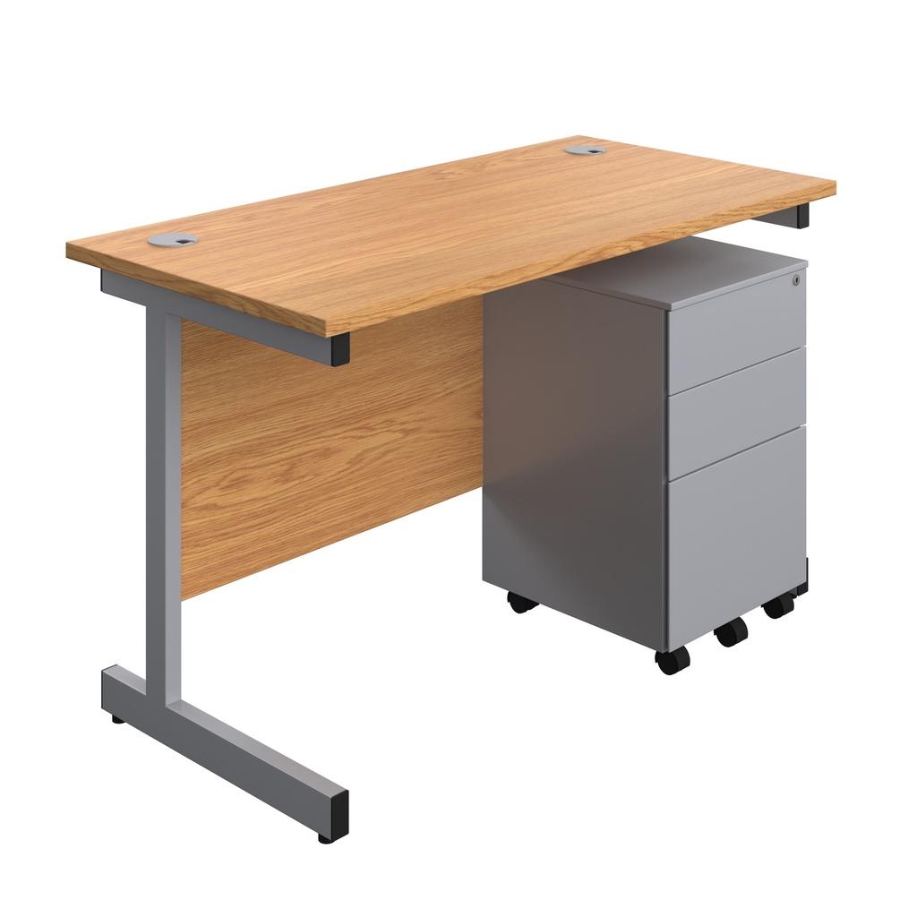 Single Upright Rectangular Desk + Under Desk Steel Pedestal 3 Drawers (FSC) | 1200 X 600 | Nova Oak/Silver | 