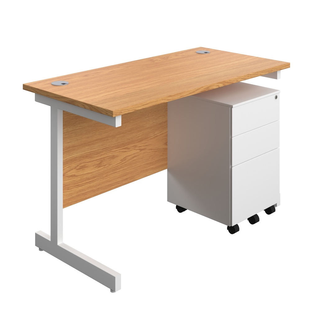 Single Upright Rectangular Desk + Under Desk Steel Pedestal 3 Drawers (FSC) | 1200 X 600 | Nova Oak/White | 