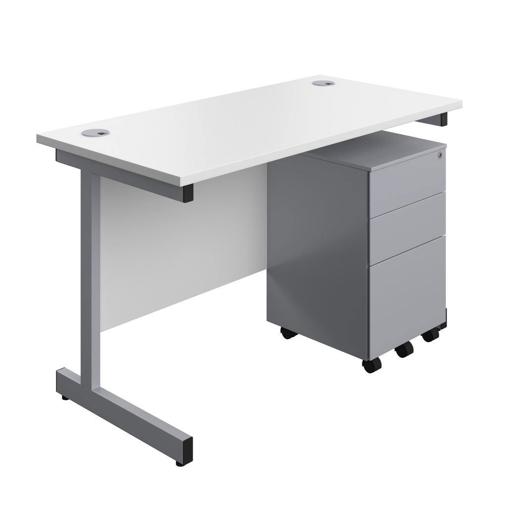 Single Upright Rectangular Desk + Under Desk Steel Pedestal 3 Drawers (FSC) | 1200 X 600 | White/Silver | 