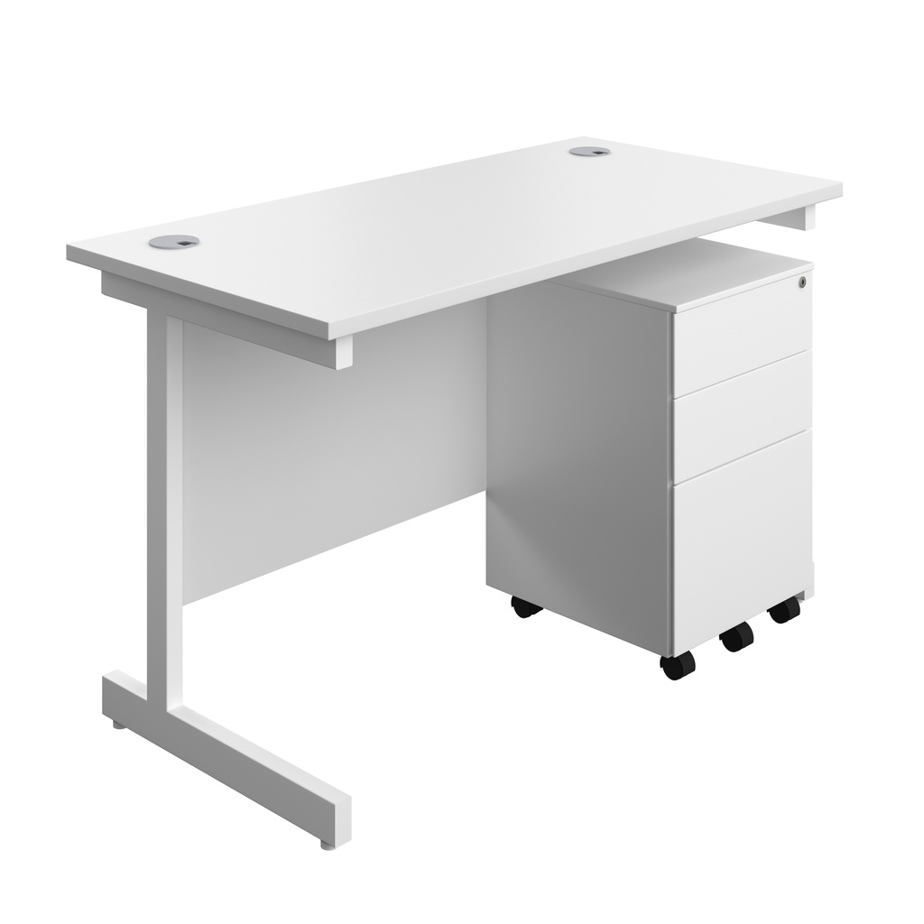 Single Upright Rectangular Desk + Under Desk Steel Pedestal 3 Drawers (FSC) | 1200 X 600 | White/White | 