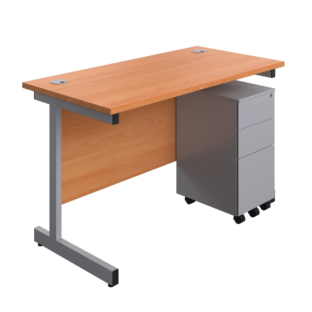 Single Upright Rectangular Desk + Slimline Steel Pedestal 3 Drawers (FSC) | 1200 X 600 | Beech/Silver | 