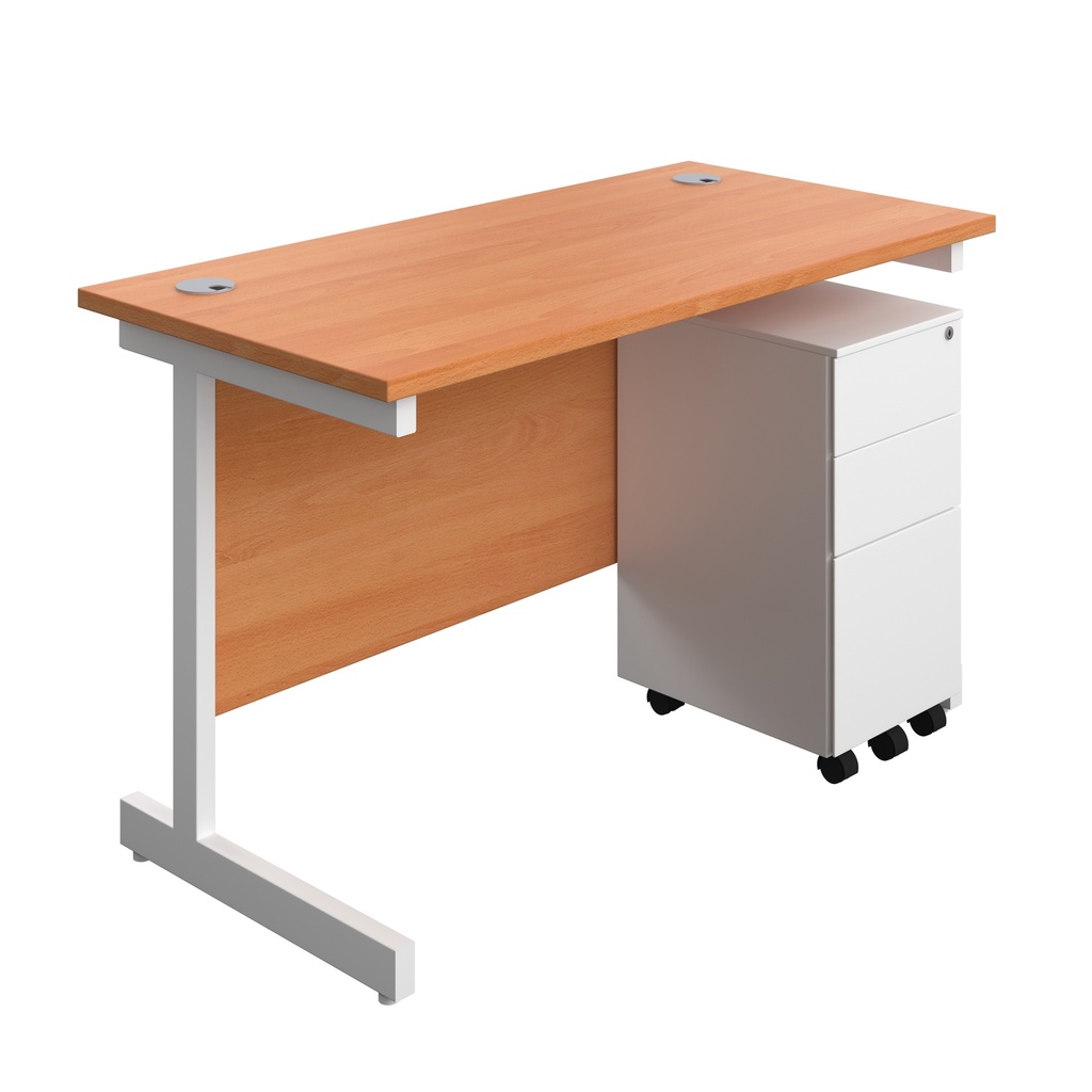 Single Upright Rectangular Desk + Slimline Steel Pedestal 3 Drawers (FSC) | 1200 X 600 | Beech/White | 