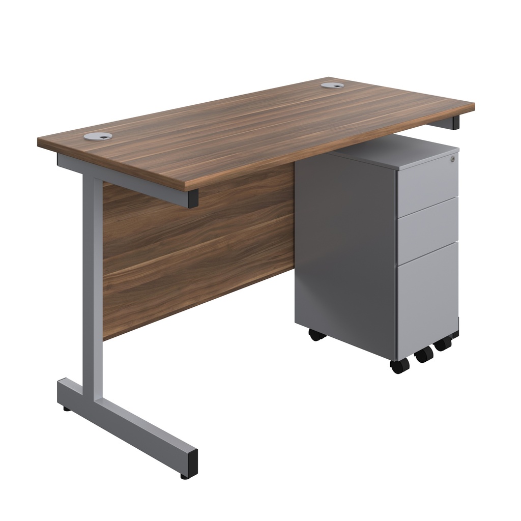 Single Upright Rectangular Desk + Slimline Steel Pedestal 3 Drawers (FSC) | 1200 X 600 | Dark Walnut/Silver | 