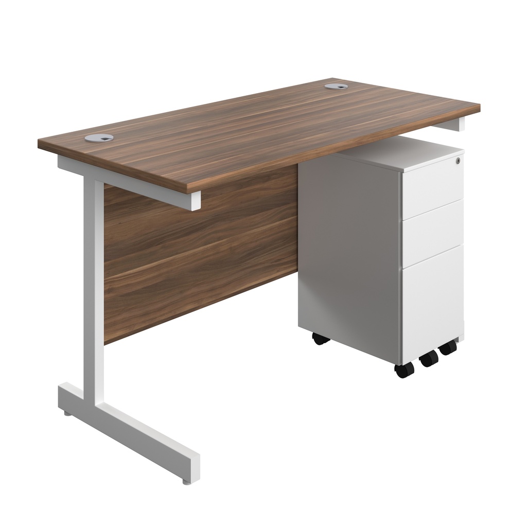Single Upright Rectangular Desk + Slimline Steel Pedestal 3 Drawers (FSC) | 1200 X 600 | Dark Walnut/White | 