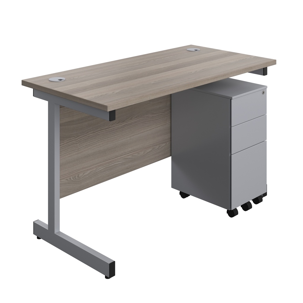 Single Upright Rectangular Desk + Slimline Steel Pedestal 3 Drawers (FSC) | 1200 X 600 | Grey Oak/Silver | 