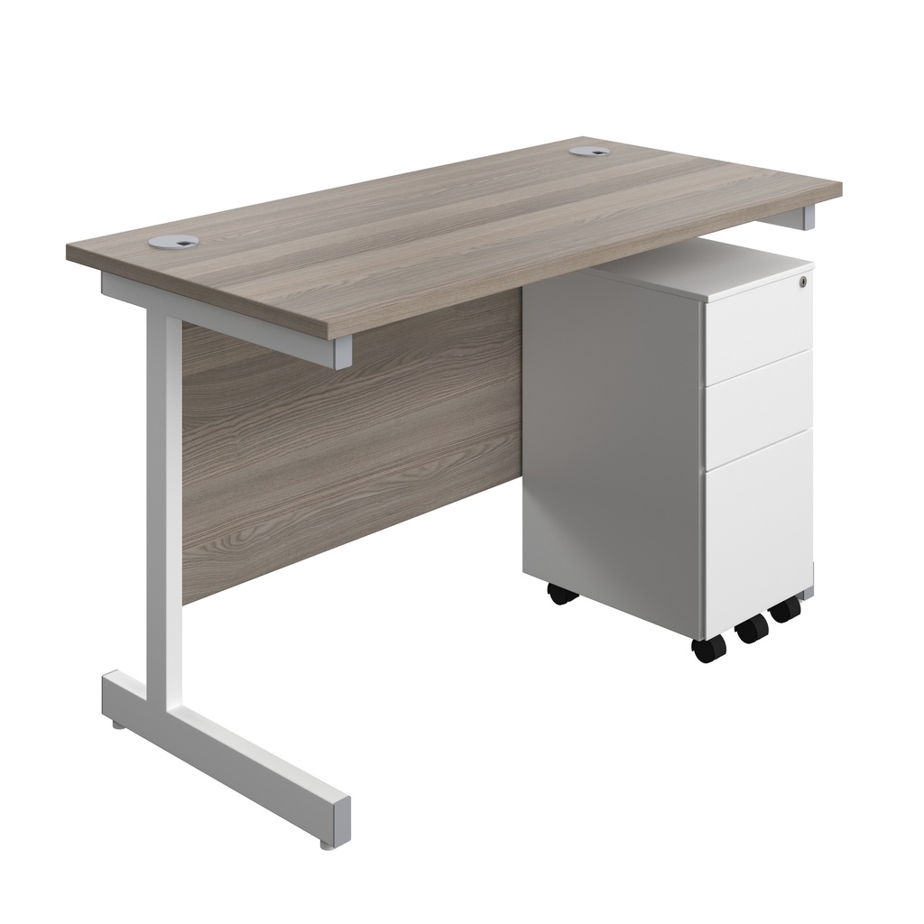 Single Upright Rectangular Desk + Slimline Steel Pedestal 3 Drawers (FSC) | 1200 X 600 | Grey Oak/White | 