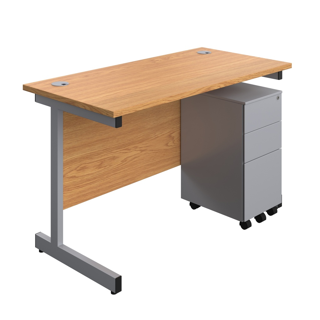 Single Upright Rectangular Desk + Slimline Steel Pedestal 3 Drawers (FSC) | 1200 X 600 | Nova Oak/Silver | 