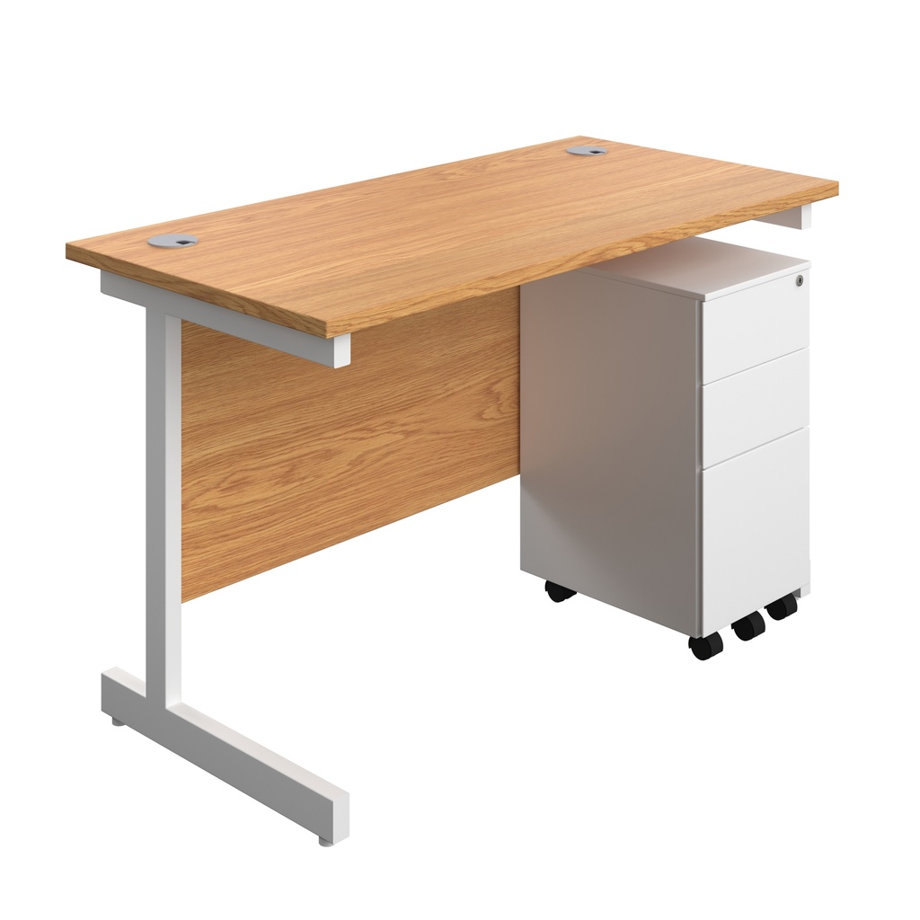 Single Upright Rectangular Desk + Slimline Steel Pedestal 3 Drawers (FSC) | 1200 X 600 | Nova Oak/White | 