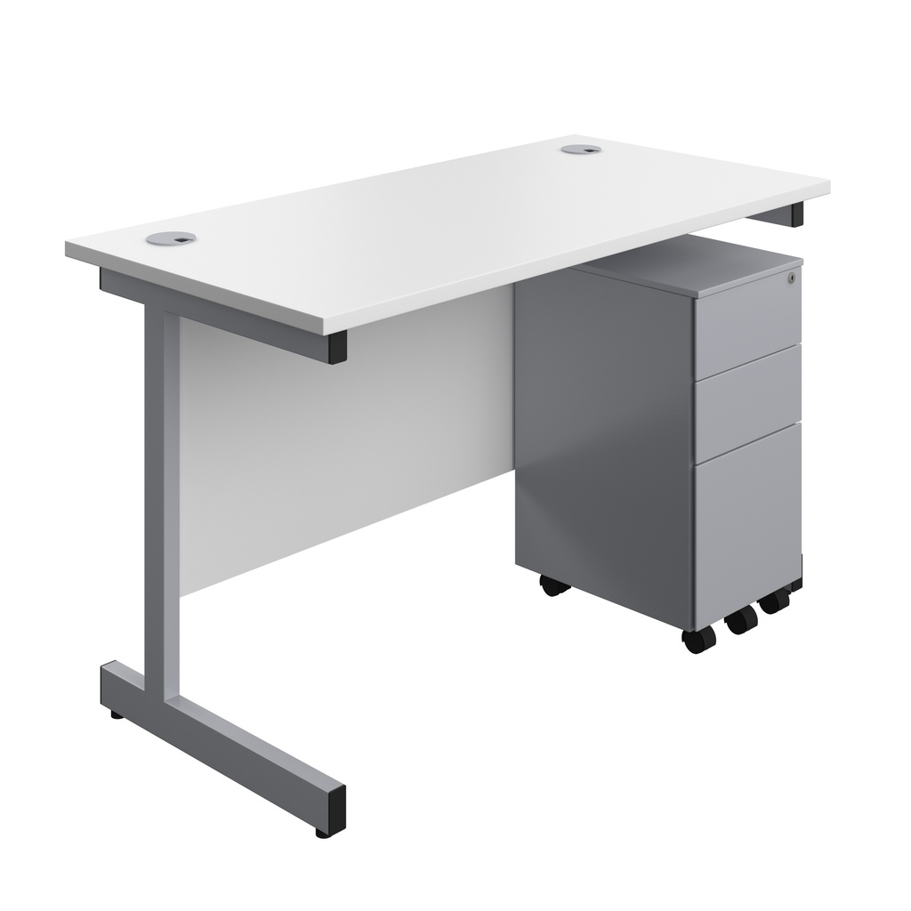Single Upright Rectangular Desk + Slimline Steel Pedestal 3 Drawers (FSC) | 1200 X 600 | White/Silver | 