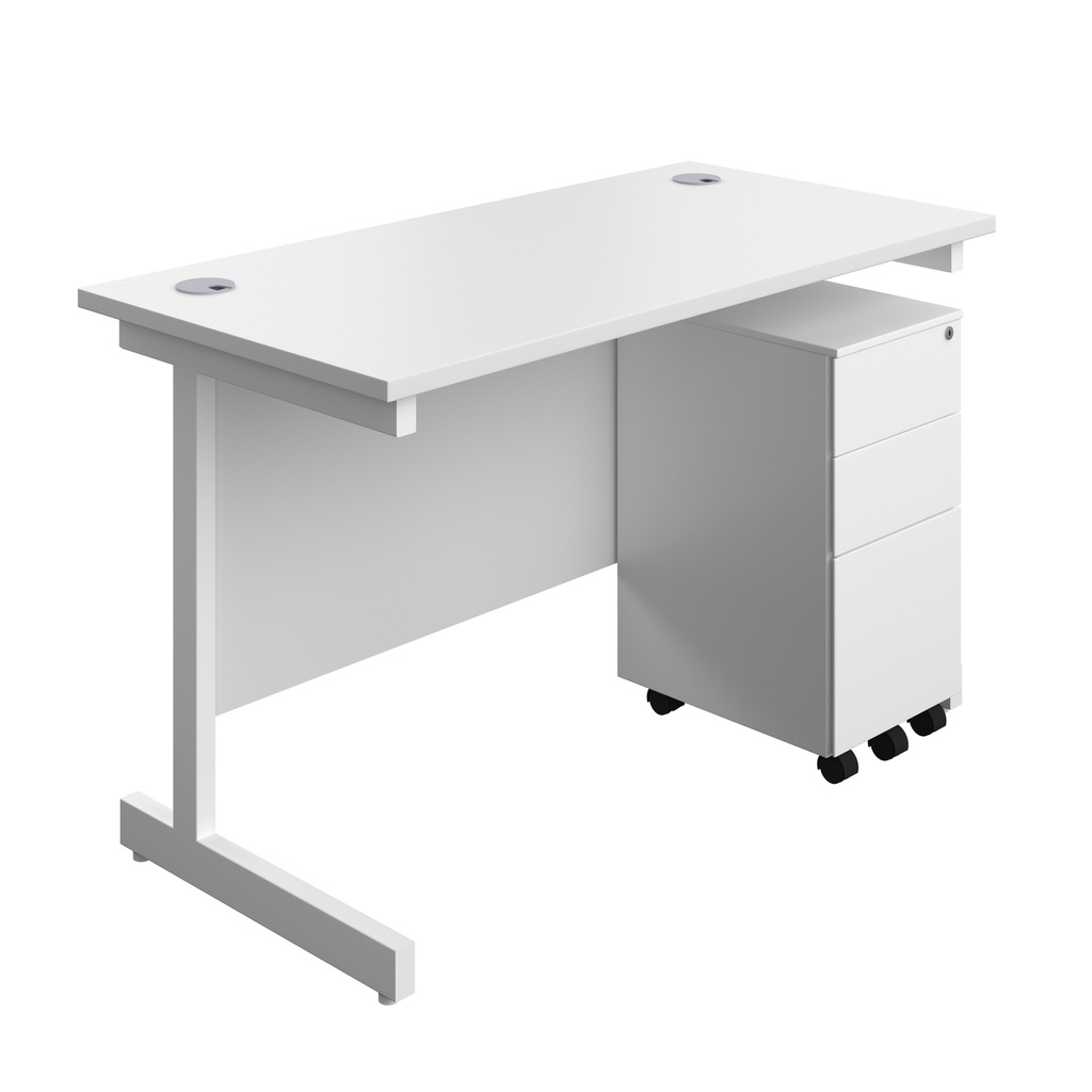 Single Upright Rectangular Desk + Slimline Steel Pedestal 3 Drawers (FSC) | 1200 X 600 | White/White | 