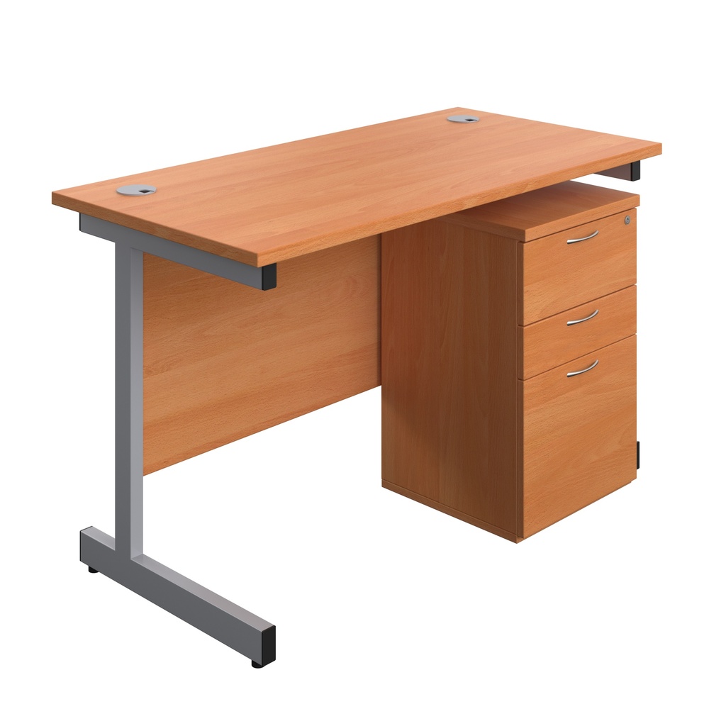 Single Upright Rectangular Desk + High Mobile Pedestal 3 Drawer (FSC) | 1200 X 600 | Beech/Silver | 