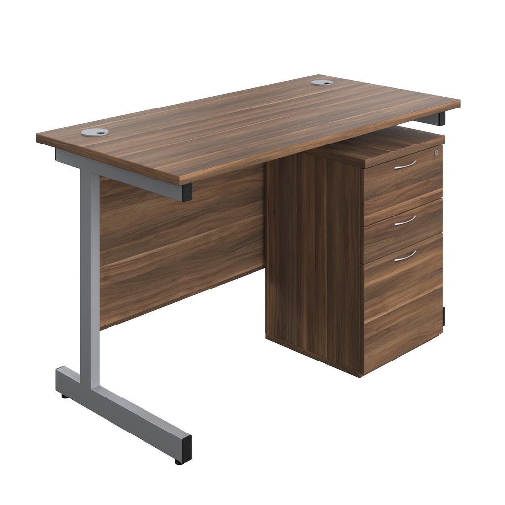 Single Upright Rectangular Desk + High Mobile Pedestal 3 Drawer (FSC) | 1200 X 600 | Dark Walnut/Silver | 