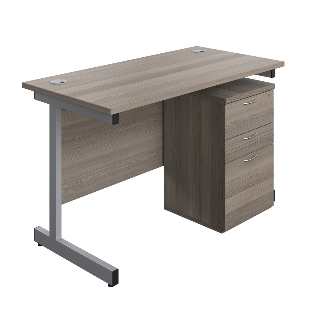 Single Upright Rectangular Desk + High Mobile Pedestal 3 Drawer (FSC) | 1200 X 600 | Grey Oak/Silver | 