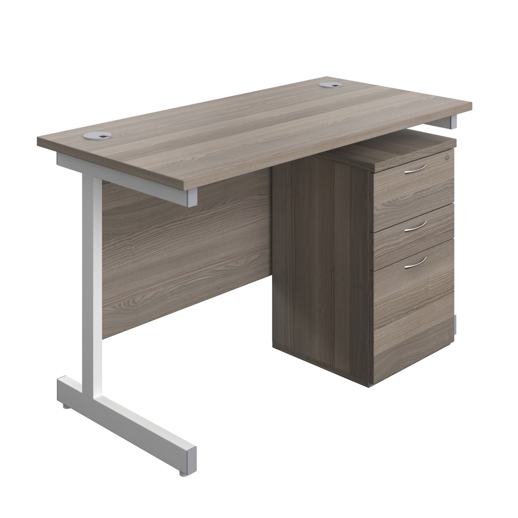 Single Upright Rectangular Desk + High Mobile Pedestal 3 Drawer (FSC) | 1200 X 600 | Grey Oak/White | 