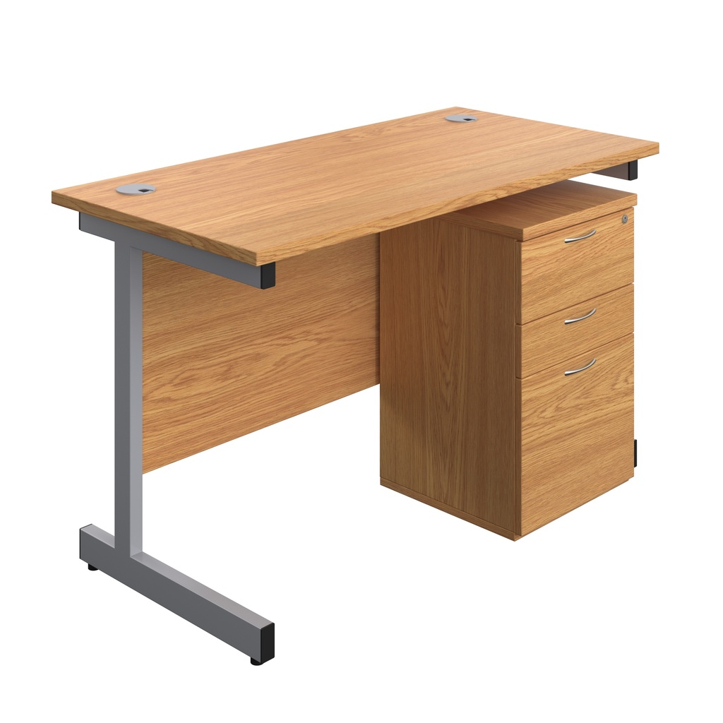 Single Upright Rectangular Desk + High Mobile Pedestal 3 Drawer (FSC) | 1200 X 600 | Nova Oak/Silver | 