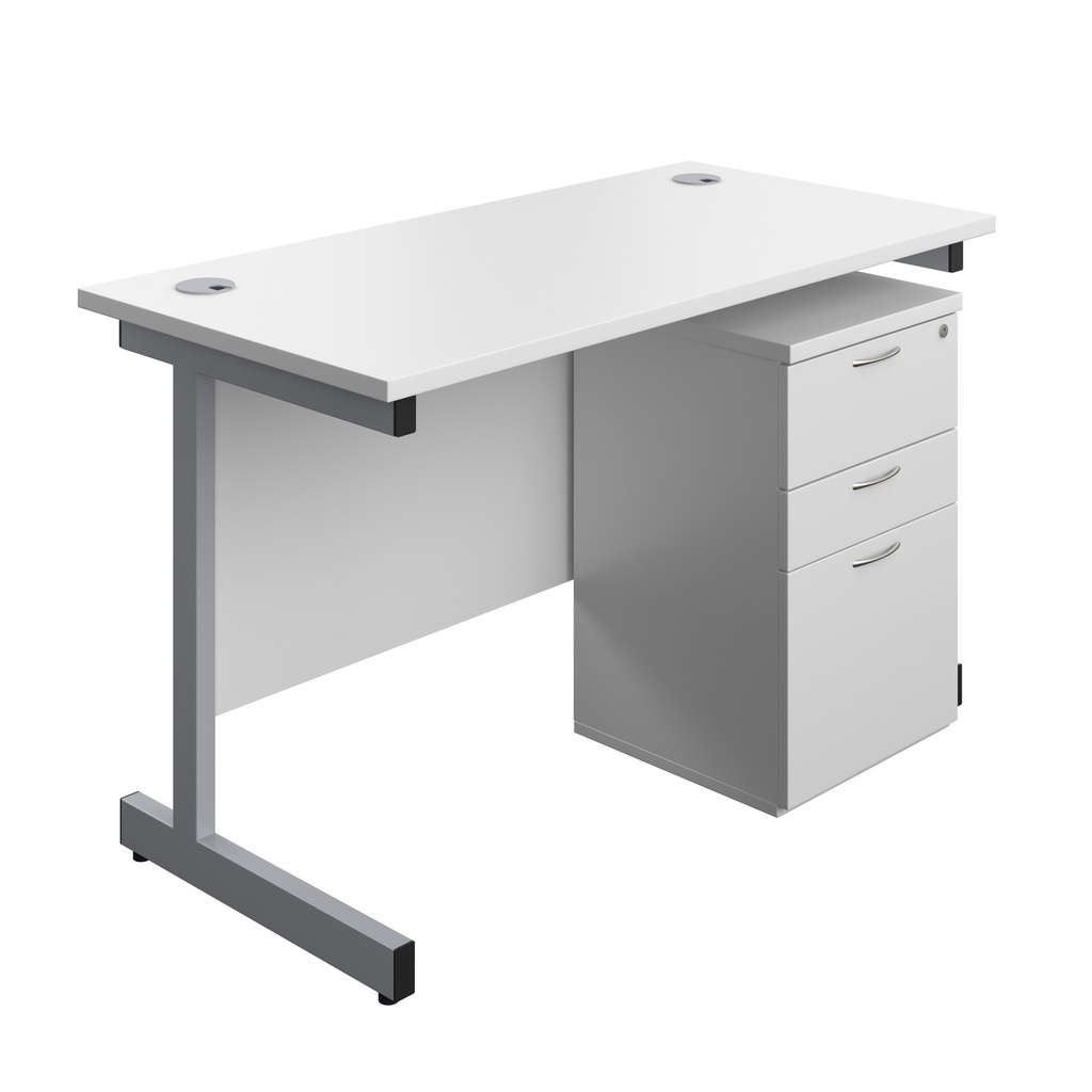 Single Upright Rectangular Desk + High Mobile Pedestal 3 Drawer (FSC) | 1200 X 600 | White/Silver | 