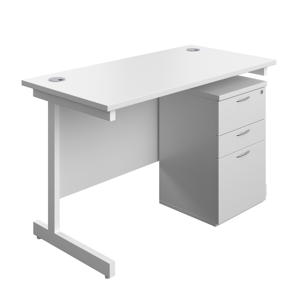 Single Upright Rectangular Desk + High Mobile Pedestal 3 Drawer (FSC) | 1200 X 600 | White/White | 