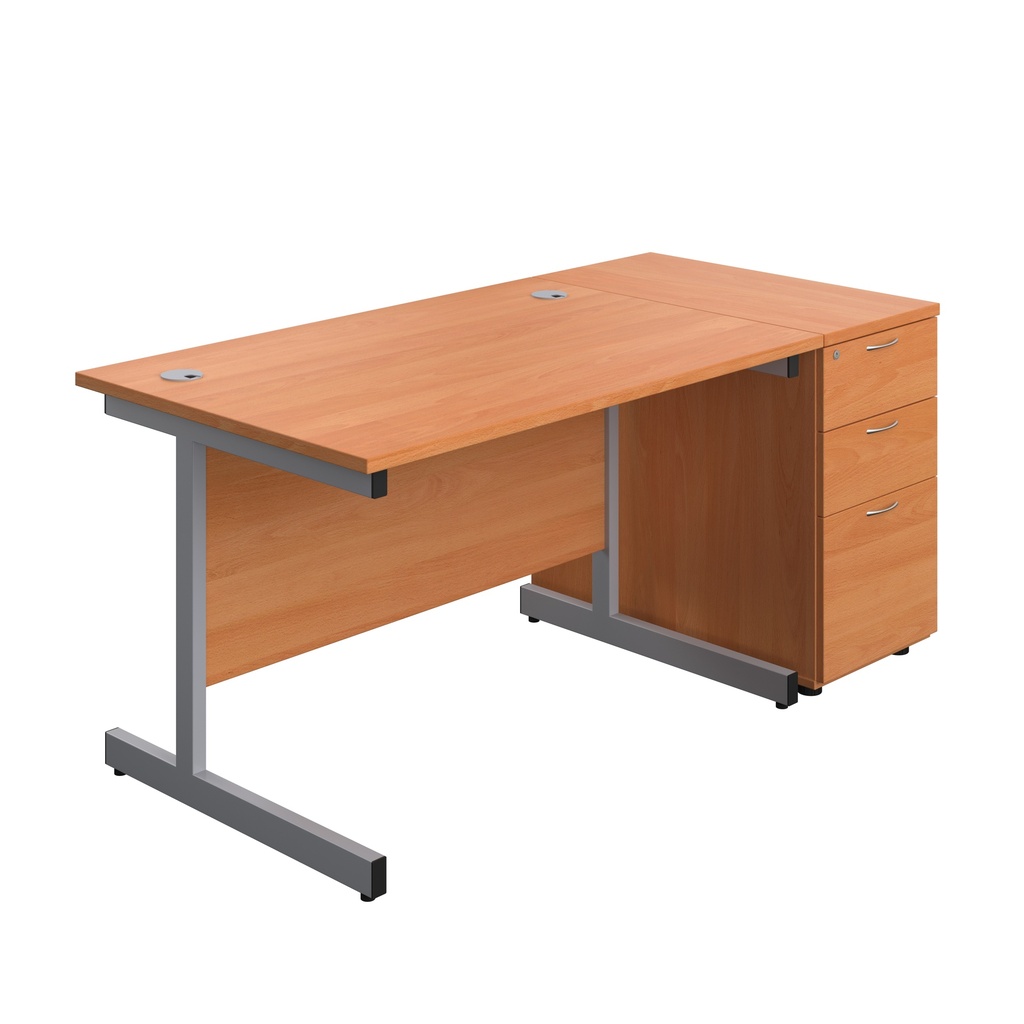 Single Upright Rectangular Desk + Desk High 3 Drawer Pedestal (FSC) | 1200 X 800 | Beech/Silver | 