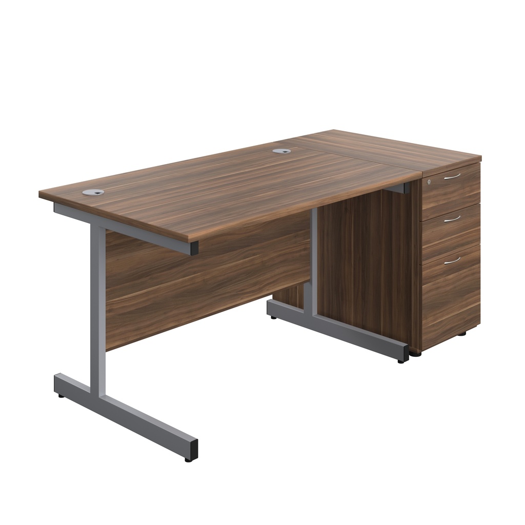 Single Upright Rectangular Desk + Desk High 3 Drawer Pedestal (FSC) | 1200 X 800 | Dark Walnut/Silver | 