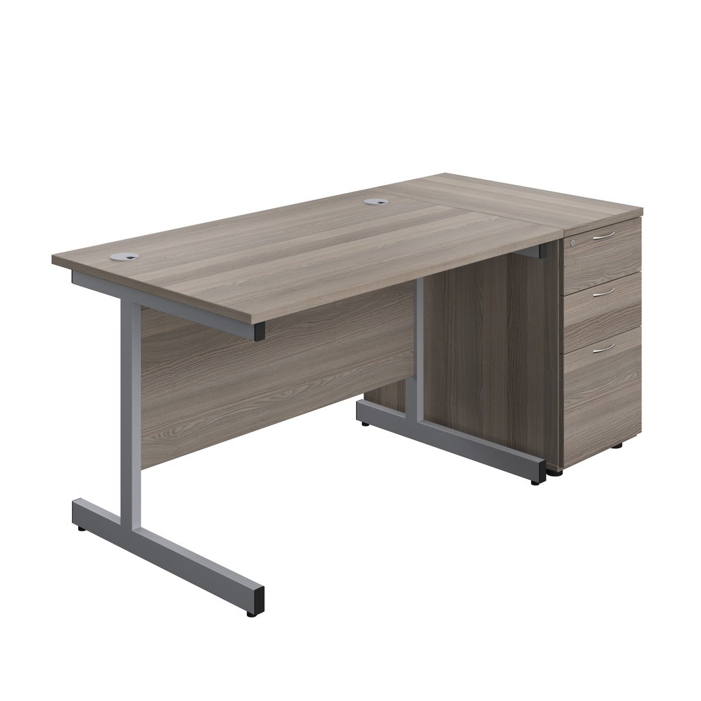 Single Upright Rectangular Desk + Desk High 3 Drawer Pedestal (FSC) | 1200 X 800 | Grey Oak/Silver | 