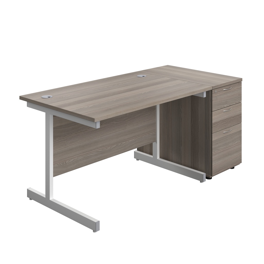 Single Upright Rectangular Desk + Desk High 3 Drawer Pedestal (FSC) | 1200 X 800 | Grey Oak/White | 