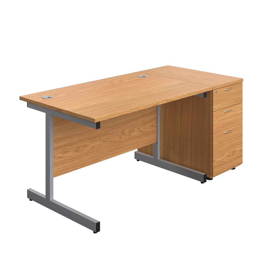 Single Upright Rectangular Desk + Desk High 3 Drawer Pedestal (FSC) | 1200 X 800 | Nova Oak/Silver | 