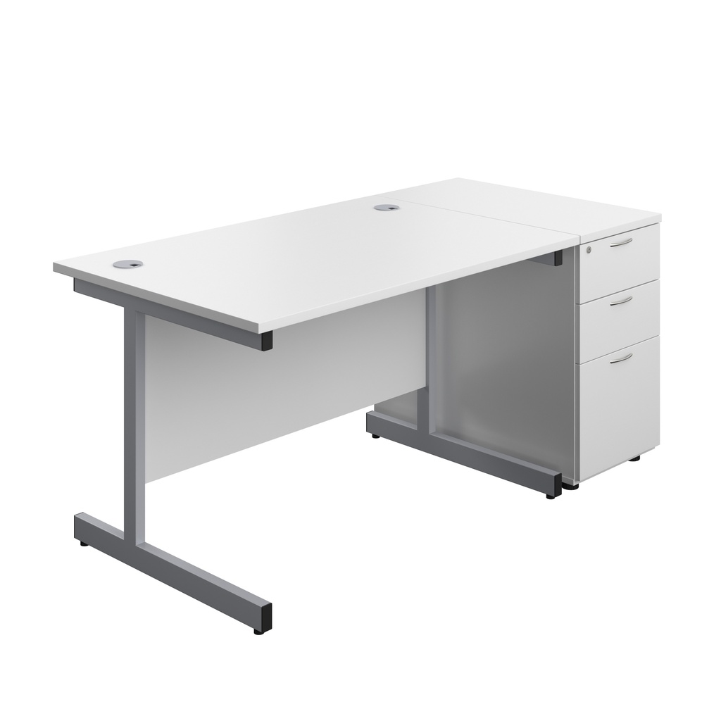 Single Upright Rectangular Desk + Desk High 3 Drawer Pedestal (FSC) | 1200 X 800 | White/Silver | 