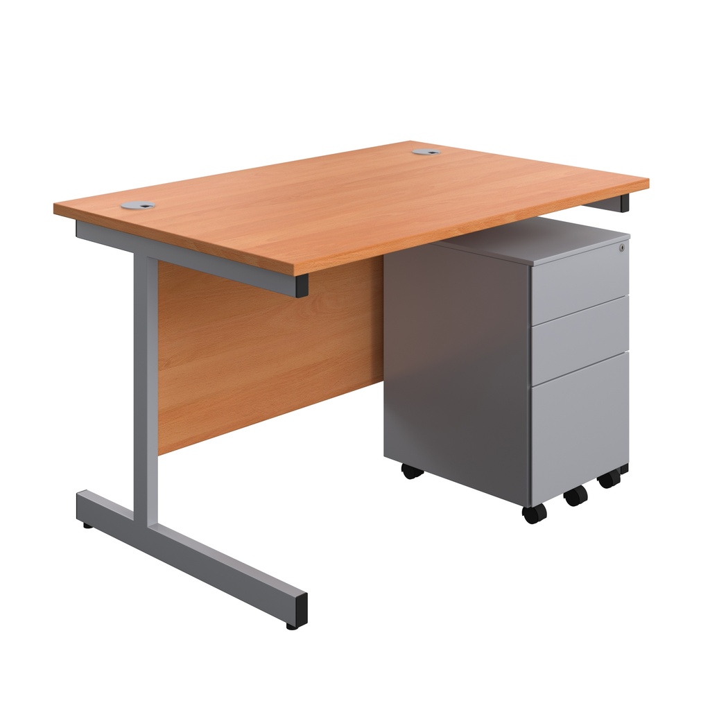 Single Upright Rectangular Desk + Under Desk Steel Pedestal 3 Drawers (FSC) | 1200 X 800 | Beech/Silver | 