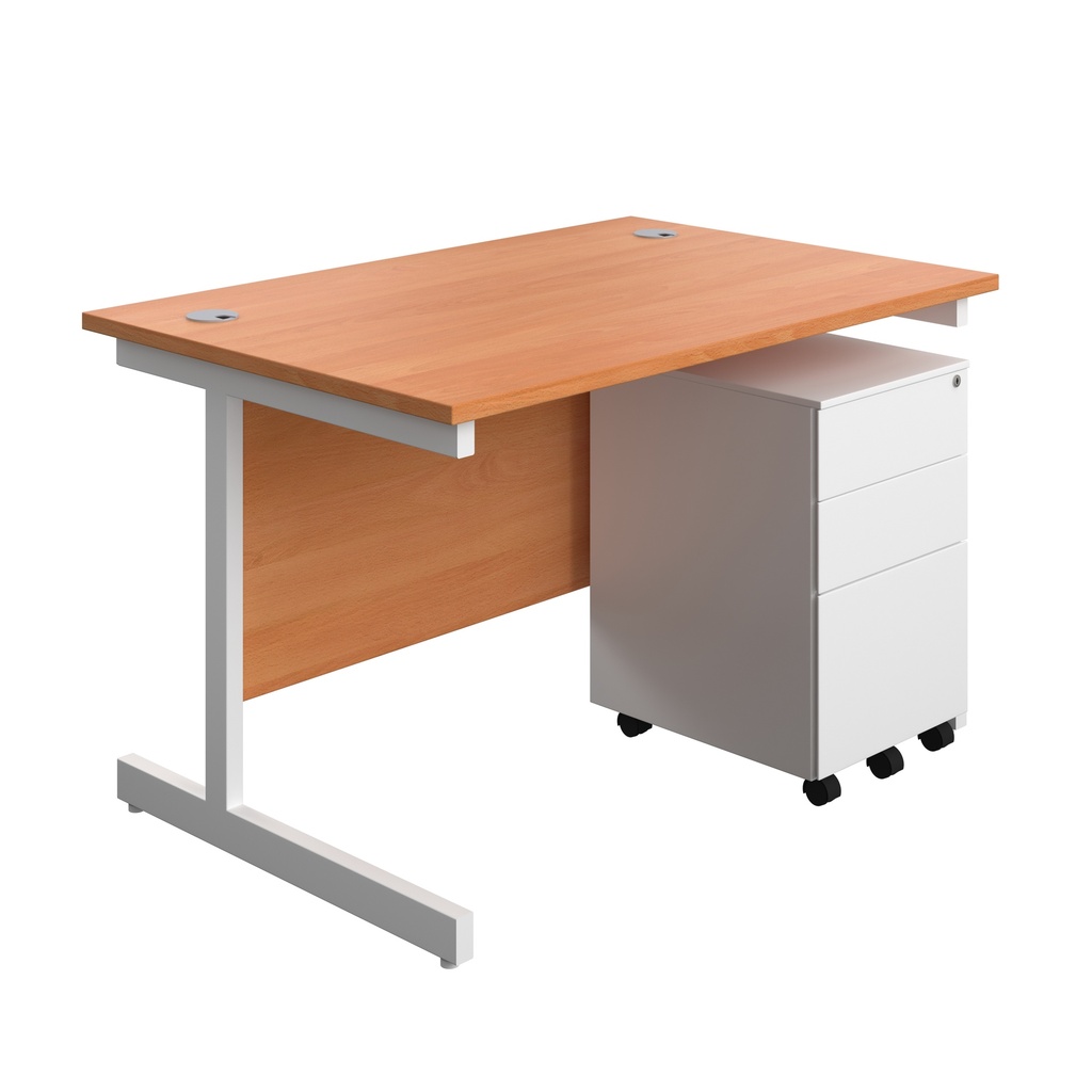 Single Upright Rectangular Desk + Under Desk Steel Pedestal 3 Drawers (FSC) | 1200 X 800 | Beech/White | 