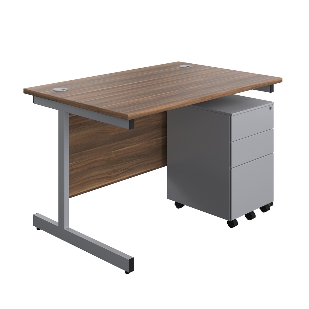 Single Upright Rectangular Desk + Under Desk Steel Pedestal 3 Drawers (FSC) | 1200 X 800 | Dark Walnut/Silver | 
