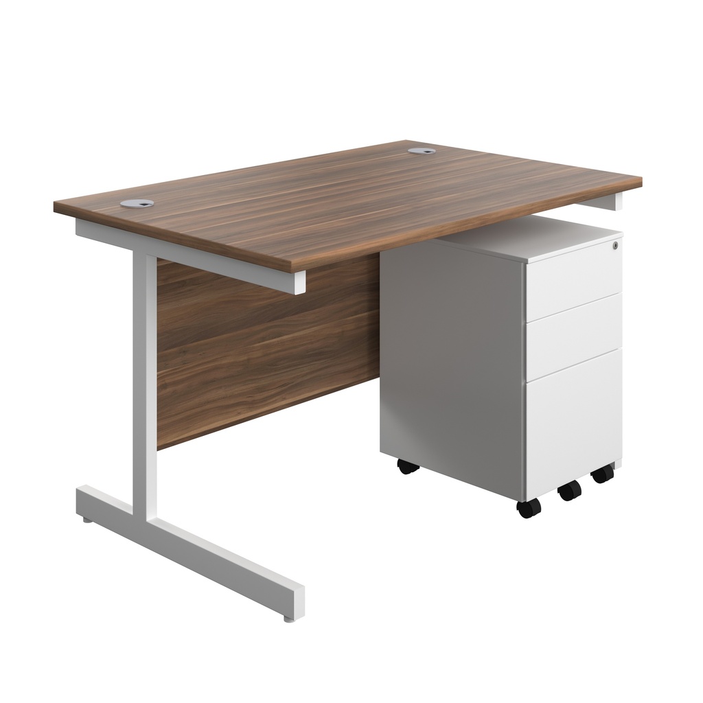 Single Upright Rectangular Desk + Under Desk Steel Pedestal 3 Drawers (FSC) | 1200 X 800 | Dark Walnut/White | 