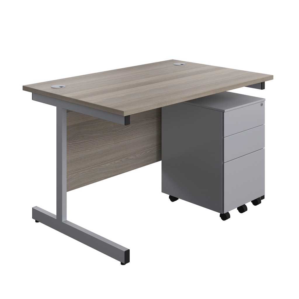Single Upright Rectangular Desk + Under Desk Steel Pedestal 3 Drawers (FSC) | 1200 X 800 | Grey Oak/Silver | 