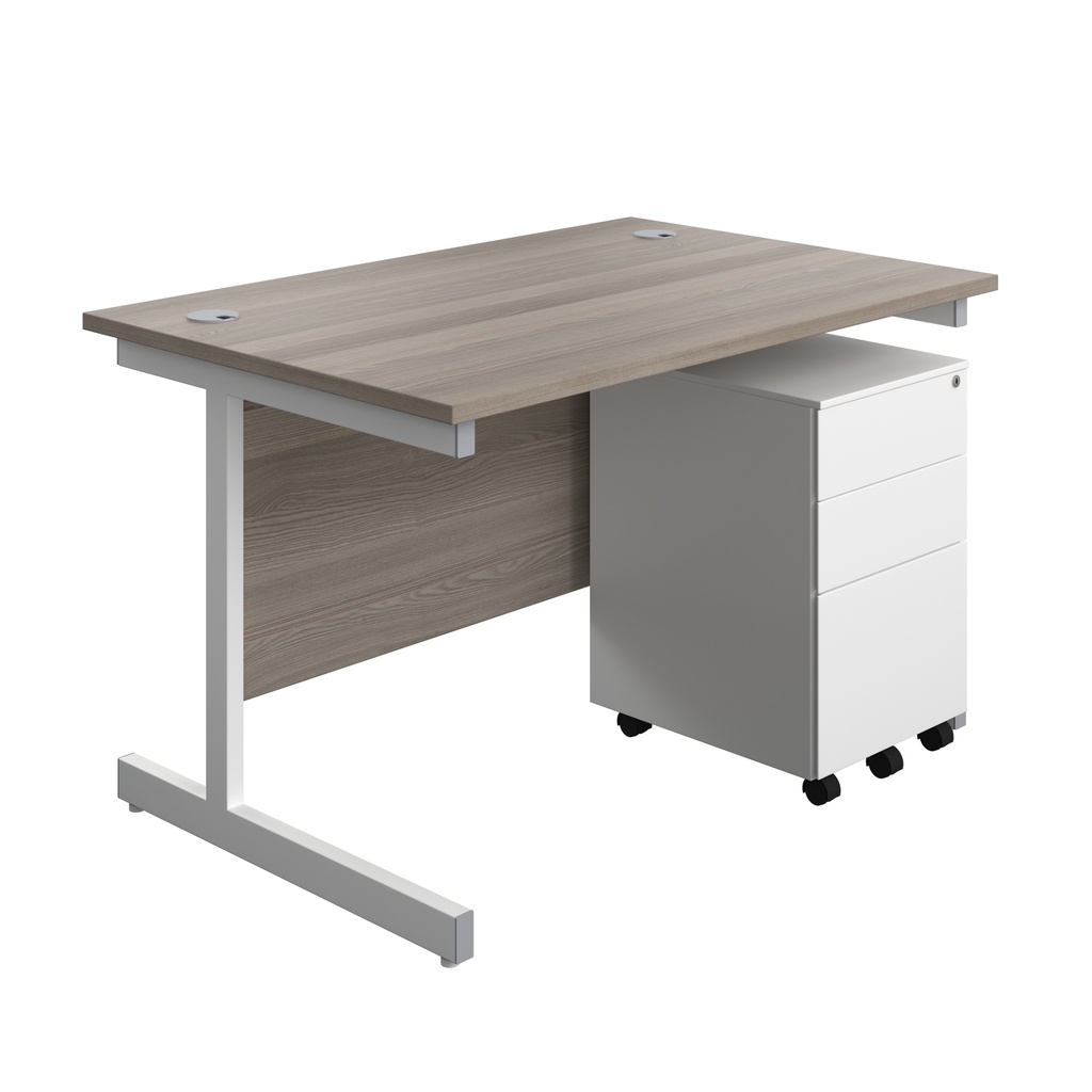 Single Upright Rectangular Desk + Under Desk Steel Pedestal 3 Drawers (FSC) | 1200 X 800 | Grey Oak/White | 