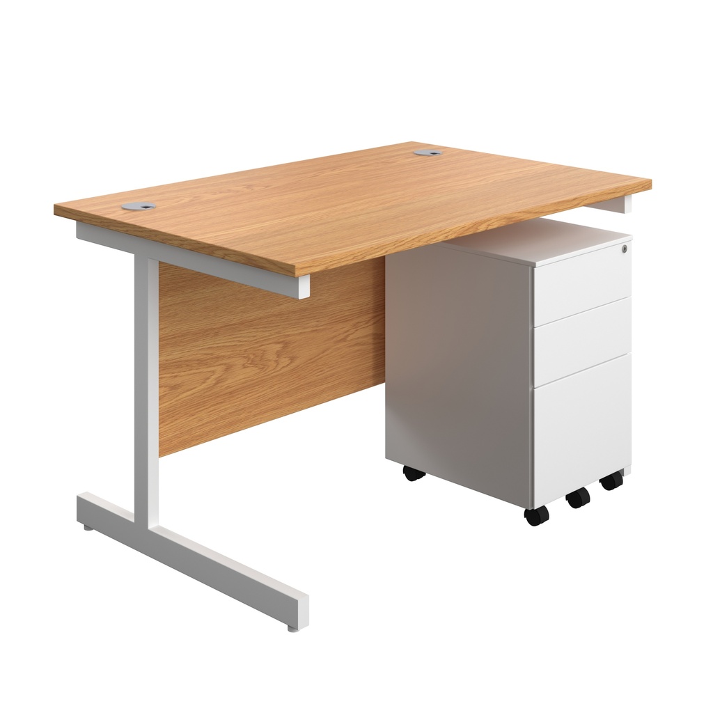 Single Upright Rectangular Desk + Under Desk Steel Pedestal 3 Drawers (FSC) | 1200 X 800 | Nova Oak/White | 