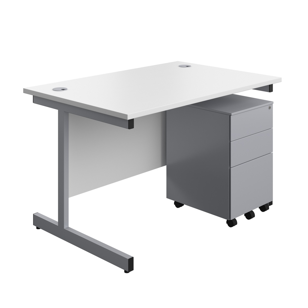 Single Upright Rectangular Desk + Under Desk Steel Pedestal 3 Drawers (FSC) | 1200 X 800 | White/Silver | 