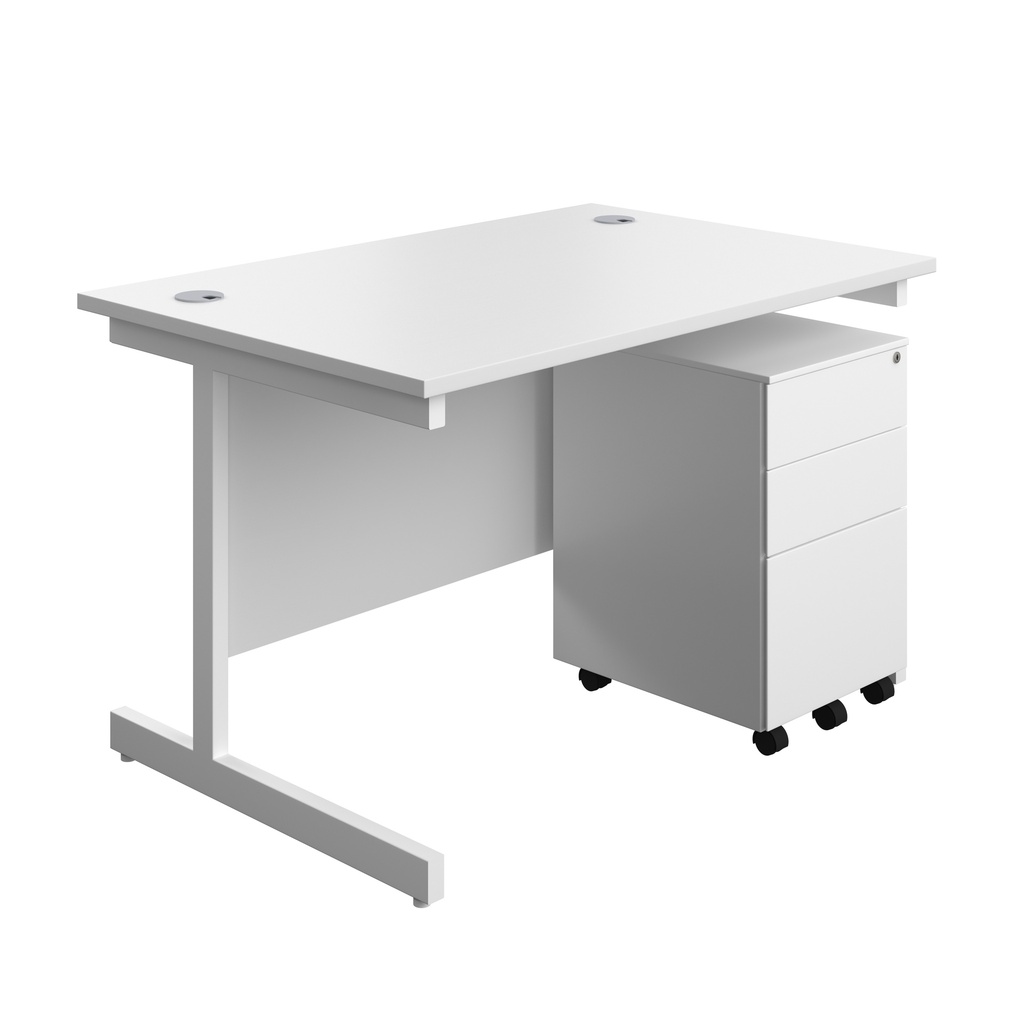 Single Upright Rectangular Desk + Under Desk Steel Pedestal 3 Drawers (FSC) | 1200 X 800 | White/White | 