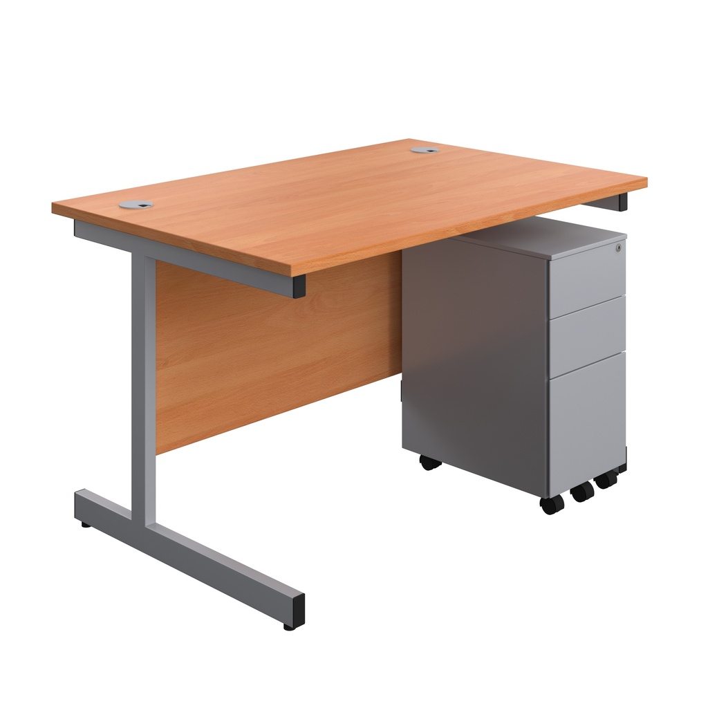 Single Upright Rectangular Desk + Slimline Steel Pedestal 3 Drawers (FSC) | 1200 X 800 | Beech/Silver | 