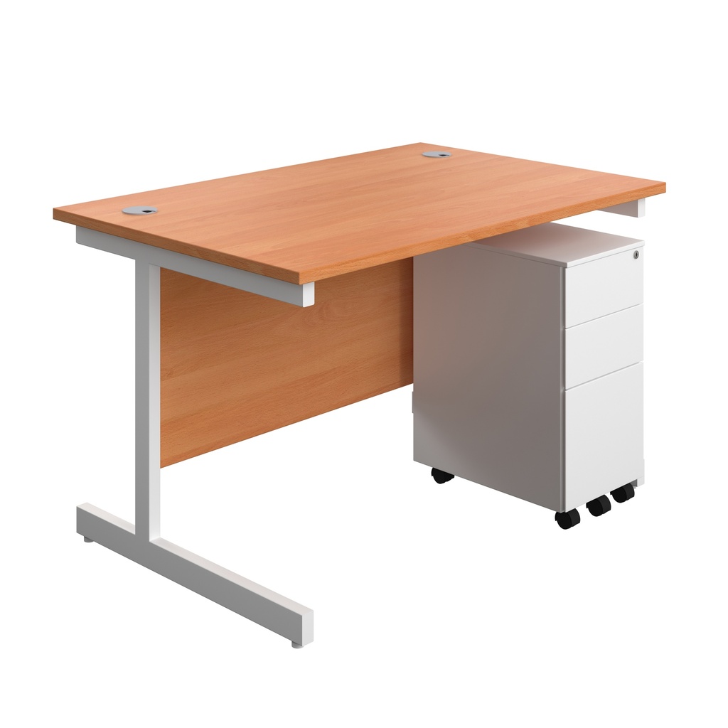 Single Upright Rectangular Desk + Slimline Steel Pedestal 3 Drawers (FSC) | 1200 X 800 | Beech/White | 