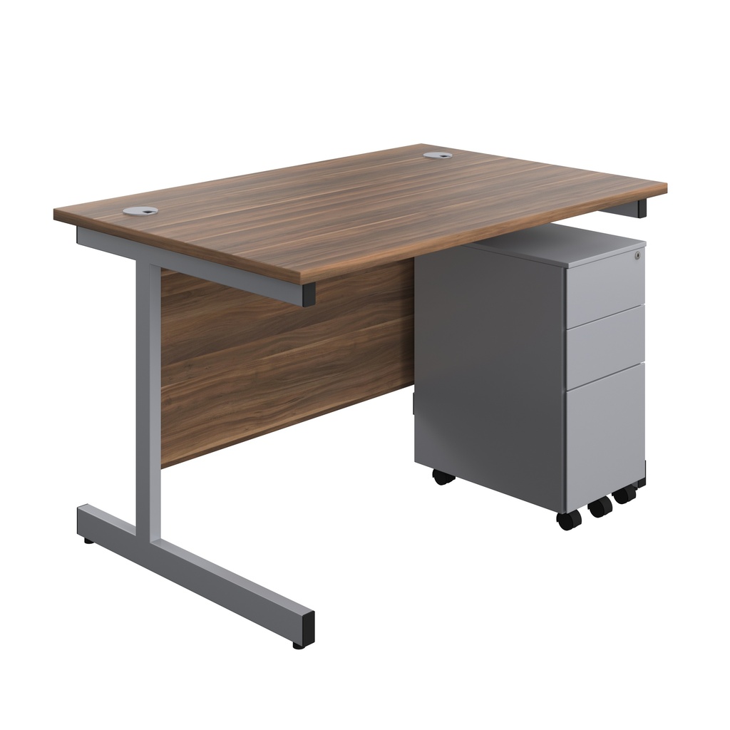 Single Upright Rectangular Desk + Slimline Steel Pedestal 3 Drawers (FSC) | 1200 X 800 | Dark Walnut/Silver | 