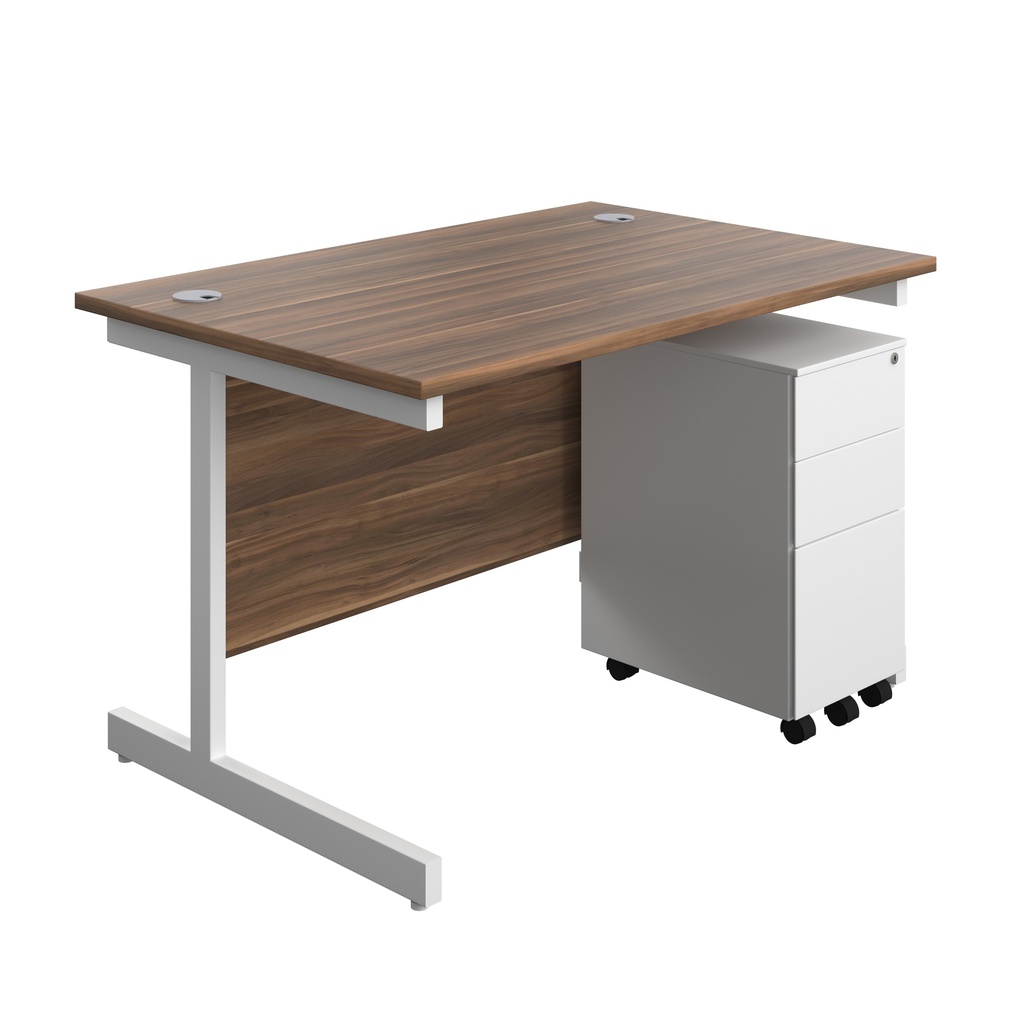 Single Upright Rectangular Desk + Slimline Steel Pedestal 3 Drawers (FSC) | 1200 X 800 | Dark Walnut/White | 
