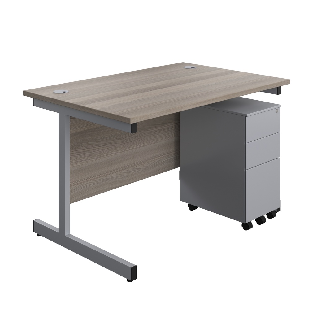 Single Upright Rectangular Desk + Slimline Steel Pedestal 3 Drawers (FSC) | 1200 X 800 | Grey Oak/Silver | 