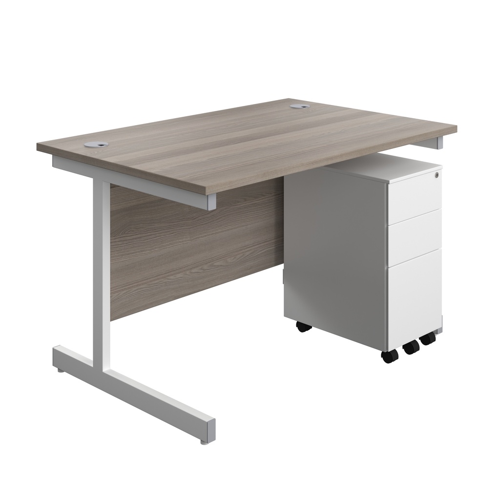 Single Upright Rectangular Desk + Slimline Steel Pedestal 3 Drawers (FSC) | 1200 X 800 | Grey Oak/White | 