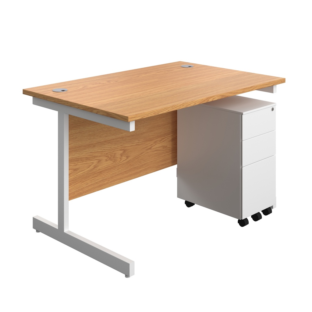 Single Upright Rectangular Desk + Slimline Steel Pedestal 3 Drawers (FSC) | 1200 X 800 | Nova Oak/White | 