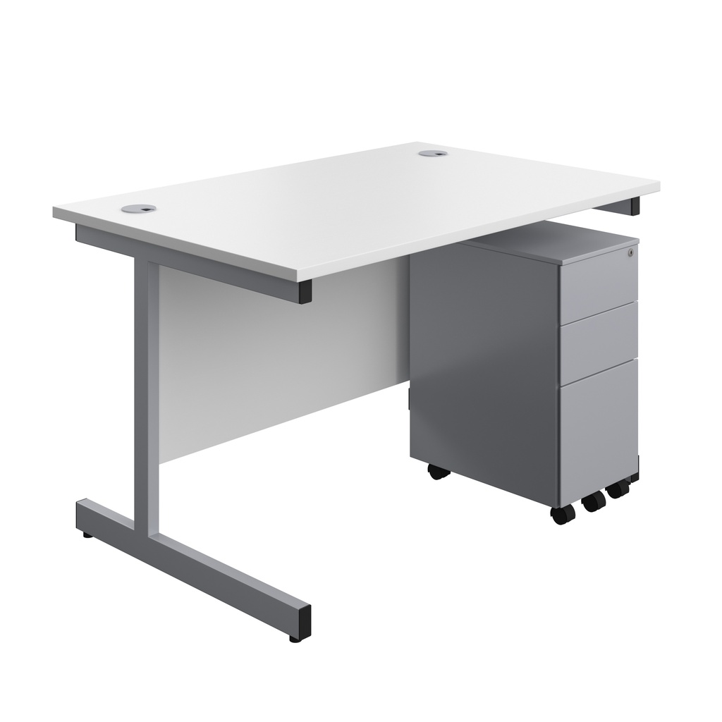 Single Upright Rectangular Desk + Slimline Steel Pedestal 3 Drawers (FSC) | 1200 X 800 | White/Silver | 