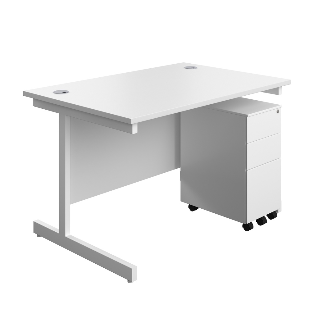 Single Upright Rectangular Desk + Slimline Steel Pedestal 3 Drawers (FSC) | 1200 X 800 | White/White | 