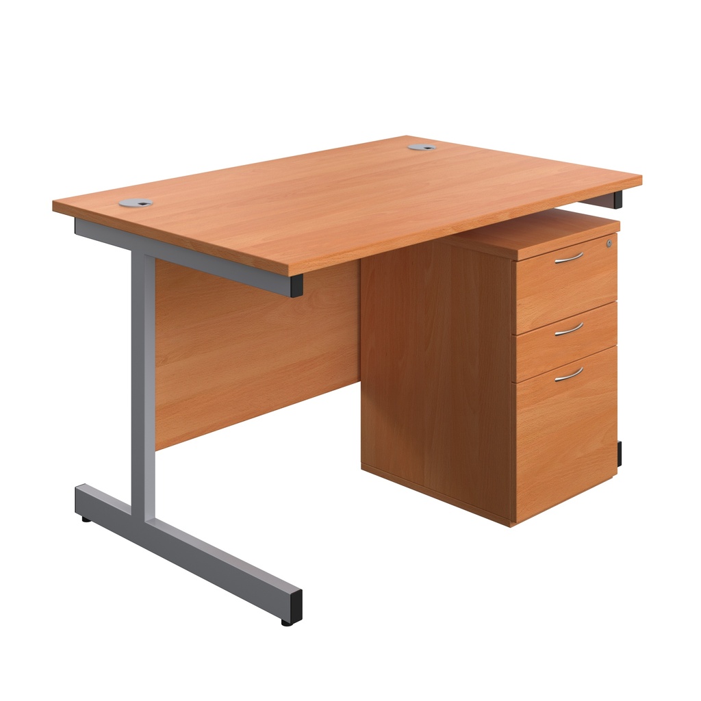 Single Upright Rectangular Desk + High Mobile Pedestal 3 Drawer (FSC) | 1200 X 800 | Beech/Silver | 