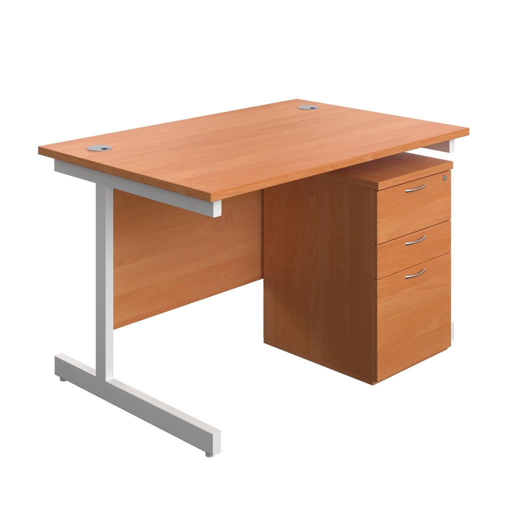 Single Upright Rectangular Desk + High Mobile Pedestal 3 Drawer (FSC) | 1200 X 800 | Beech/White | 