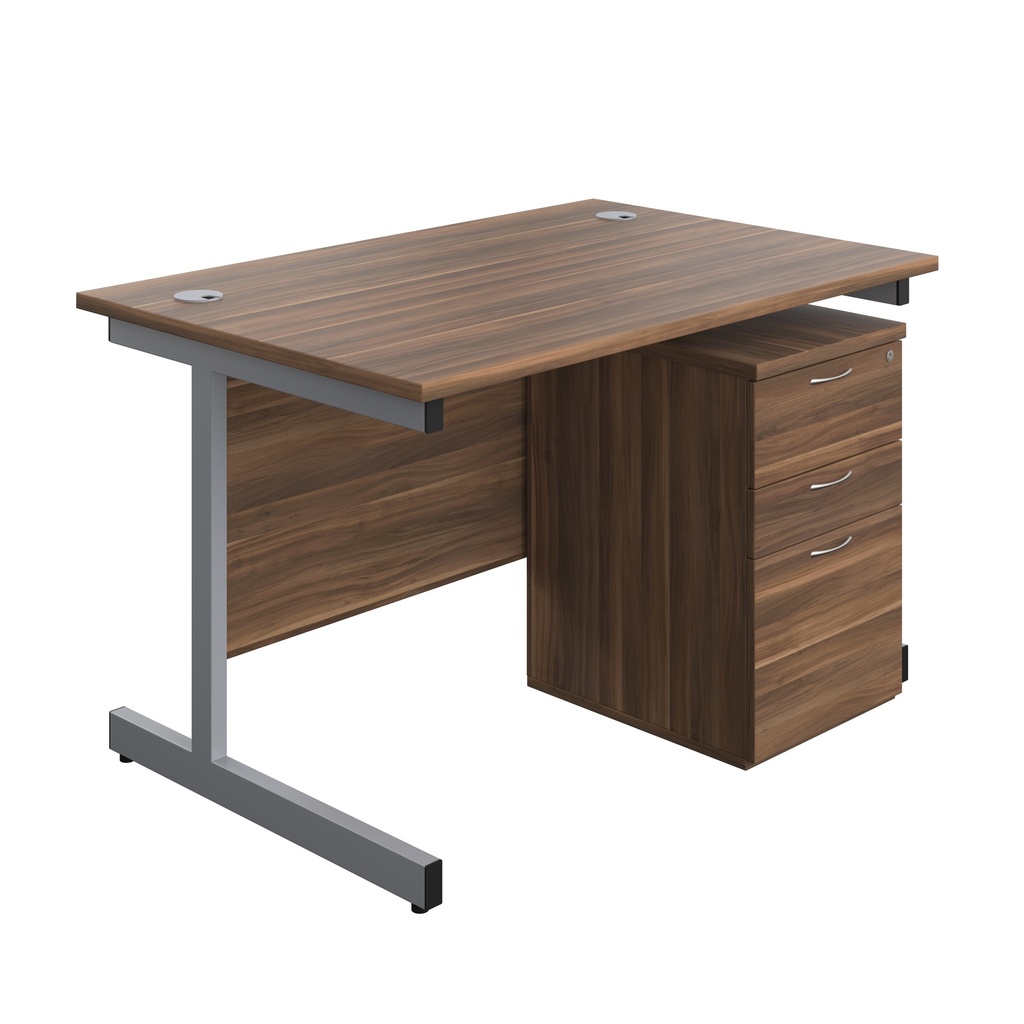 Single Upright Rectangular Desk + High Mobile Pedestal 3 Drawer (FSC) | 1200 X 800 | Dark Walnut/Silver | 