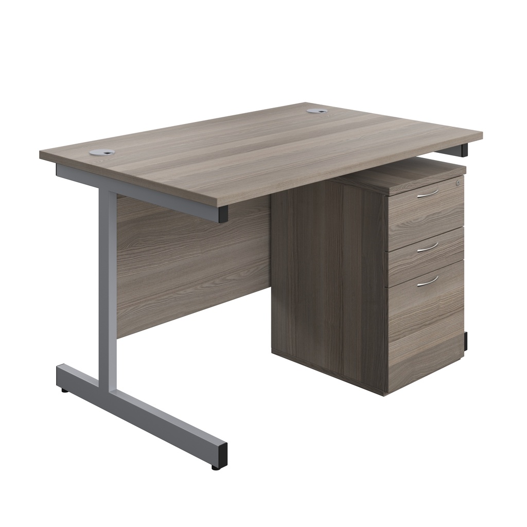 Single Upright Rectangular Desk + High Mobile Pedestal 3 Drawer (FSC) | 1200 X 800 | Grey Oak/Silver | 