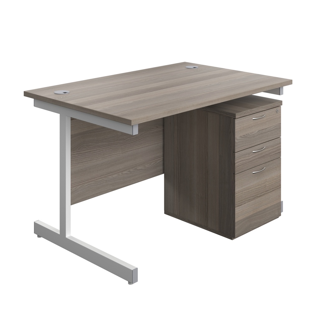 Single Upright Rectangular Desk + High Mobile Pedestal 3 Drawer (FSC) | 1200 X 800 | Grey Oak/White | 